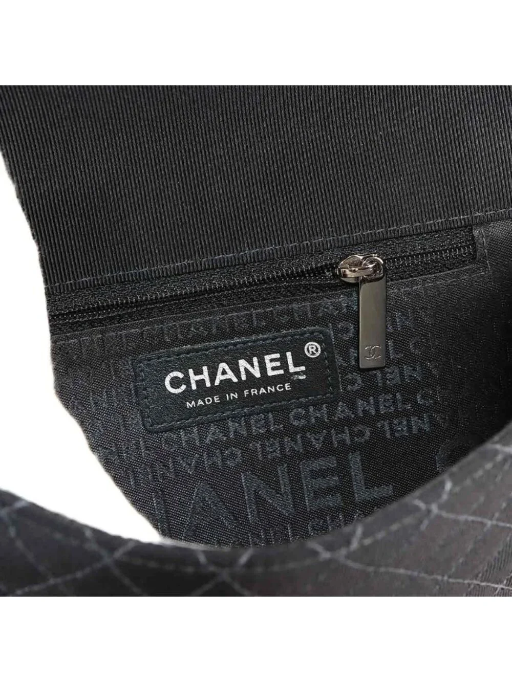 Chanel Quilted Emblem Chain Shoulder Bag Canvas Leather Black Silver